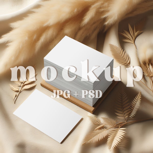 Mockup Bohemian Business Card, Modern Bohemian Mock-Up, Business Mockup with Beige Palm Leaves and Pampas, B2