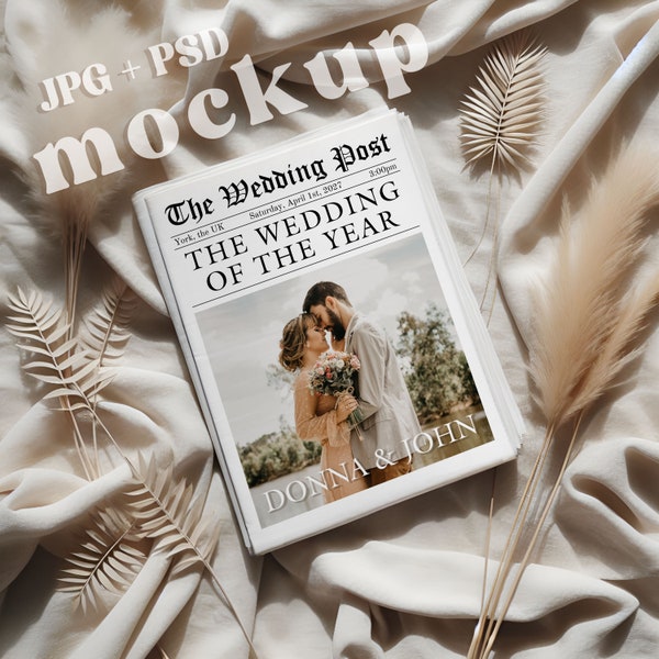 Mockup Bohemian Newspaper, Modern Bohemian Mock-Up, Wedding Newspaper with Beige Palm Leaves, B2