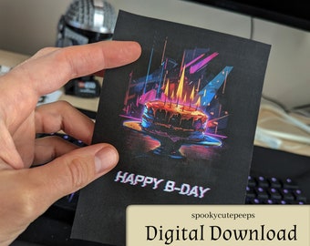 Futuristic Neon Birthday Card, Printable, Digital Download, Dark future, Sci-Fi, DIY gift, Cake