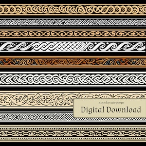 以下が含まれることがあります： 黒と白の複雑なデザインに金のアクセントが施された、デジタルダウンロード可能なボーダー10個セット。デジタルプロジェクトに上品さを加えるのに最適です。