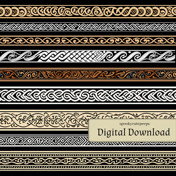 Legends of Valhalla : Viking Borders - Lot de 20 papiers numériques sans couture, imprimables, papier de scrapbooking avec des motifs celtiques infinis