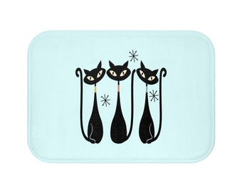 Retro Black Cats Bath Mat | Mid Century Modern Cat Trio on Aqua