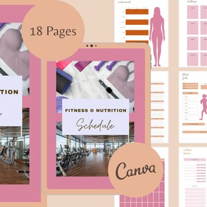 Op de afbeelding: Een roze en witte digitale planner met 18 pagina's. De planner bevat secties voor fitnessdoelen, voeding, uitdagingen en een wellness tracker. De omslag toont een foto van een sportschool met fitnessapparatuur en een tekstoverlay die "Fitness & Nutrition Schedule" zegt.