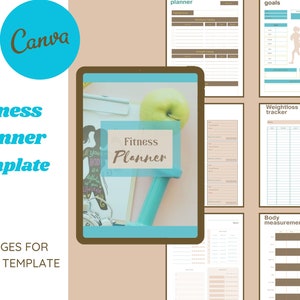 以下が含まれることがあります： 18ページの印刷可能なフィットネスプランナーテンプレート。表紙には緑のリンゴと青と白のフィットネスプランナーのタイトルが描かれています。ページには、目標、体重減少の追跡、体の測定、食事の計画などのセクションが含まれています。