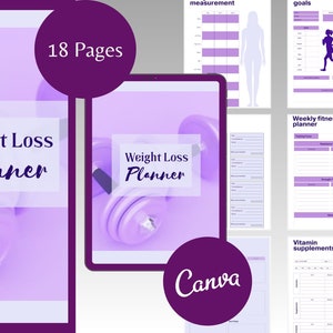 以下が含まれることがあります： 18ページの紫と白の体重減量プランナー。表紙には、紫色のダンベルと「Weight Loss Planner」というテキストが紫と白の背景に描かれています。プランナーには、目標、測定、週間フィットネスプランニング、ビタミンサプリメントのページが含まれています。