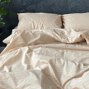 Beige Striped Bedding – Natural Cotton – Minimalist Duvet Cover, Pillowcases, Fitted or Flat Sheet – Custom Sizes