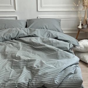 Striped Gray Bedding Set – 100% Cotton Duvet Cover, Pillowcases, Flat or Fitted Sheet – Twin, Queen, King – Made to Order
