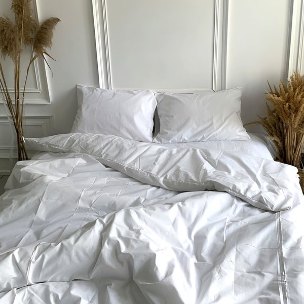 Housse de couette blanche de qualité supérieure en 100 % coton | Housse de couette avec couvre-oreillers pour une place, un lit 1 place, un grand lit, un très grand lit | Draps naturels confortables avec taies d'oreiller