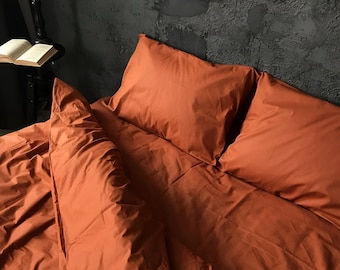 Terracotta kussenslopen met envelopsluiting | 100% katoenen shams, effen baksteenkleur | Koningin, koning sliphoezen | Boho beddengoed accessoires