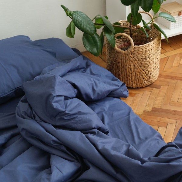 Drap contour bleu foncé | Très grand lit, 2 places, grand lit double, grand lit californien | Drap à carreaux 100 % coton, ensemble de draps pour dortoir | Literie naturelle et confortable