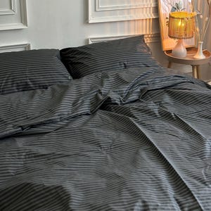 Graphite Gray Bedding Set – Striped Duvet Cover, Pillowcases, Flat or Fitted Sheet – Custom Sizes Available