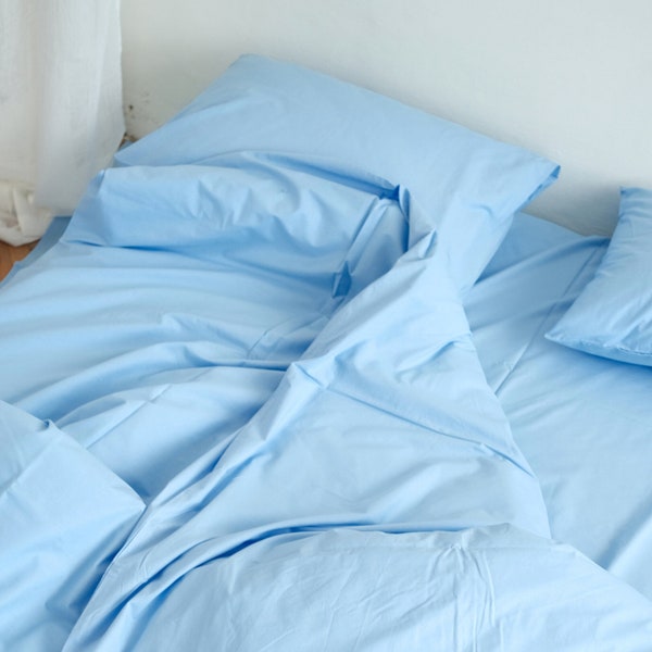 Drap plat bleu ciel en 100 % coton | Twin XL, Double, Queen, California King | Drap de lit durable et confortable avec taies d'oreiller Ranforce, couvre-oreillers bohèmes