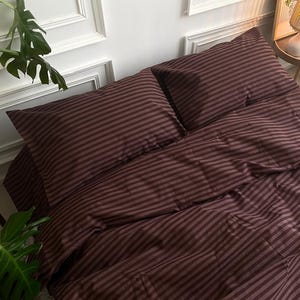 Chocolate Brown Striped Cotton Bedding – Duvet Cover, Pillowcases, Fitted or Flat Sheet – Custom Made – Twin to King Sizes