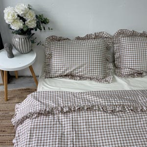 Beige Gingham Ruffled Cotton Bedding Set – Cottagecore Farmhouse Style – Duvet Cover, Pillowcases, Fitted or Flat Sheet – Twin to King Sizes