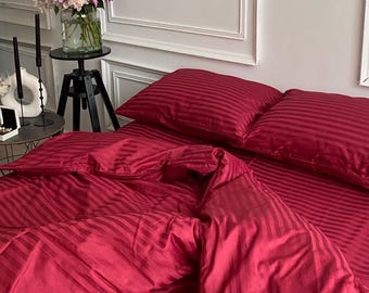Striped Red Bedding Set: Duvet Cover, Pillowcases, Flat or Fitted Sheet – 100% Cotton Sateen – Custom Sizes Available