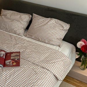Beige Gingham Cotton Bedding Set – Cottagecore Farmhouse Style – Duvet Cover, Pillowcases, Fitted or Flat Sheet – Twin to King Sizes