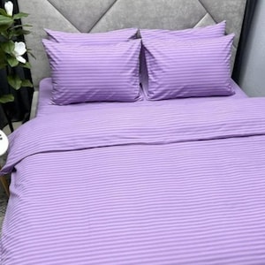 Striped Cotton Bedding Set – Lilac Duvet Cover, Pillowcases, Flat or Fitted Sheet – Custom Sizes