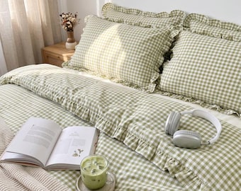 Matcha Gingham Beddengoedset, Groen Geruite Dekbedovertrek, Beddengoed met Ruches, Slaapkamer in Cottagecore stijl – Eenpersoons, Tweepersoons, Kingsize – Maatwerk