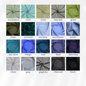 May include: A color chart showing 18 different fabric swatches with their corresponding names. The colors include eucalyptus, mint, olive, bay leaf, grass, khaki, emerald, sky blue, cornflower, ocean, sea wave, indigo, teal, blue, dark blue, silver, gray, graphite, charcoal, and black.