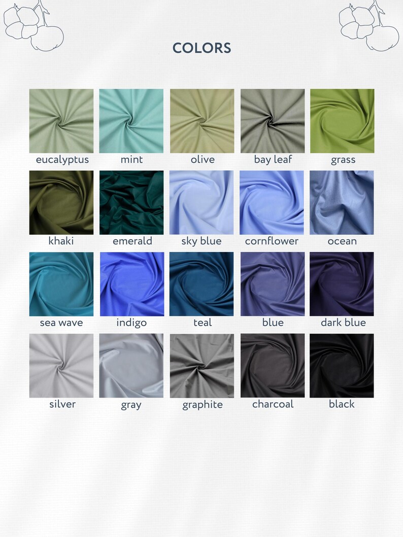 May include: A color chart showing 18 different fabric swatches with their corresponding names. The colors include eucalyptus, mint, olive, bay leaf, grass, khaki, emerald, sky blue, cornflower, ocean, sea wave, indigo, teal, blue, dark blue, silver, gray, graphite, charcoal, and black.