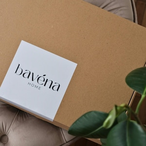 May include: A large, unopened cardboard box with a white label that reads "bav&eacute;na HOME" in black text. The box is resting on a tufted, beige upholstered surface. Green plant leaves are visible in the lower right corner.