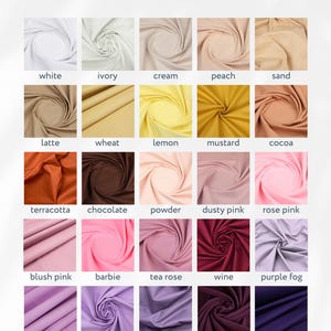 May include: A color chart showing 20 different fabric swatches in various shades of white, cream, yellow, orange, brown, pink, purple, and red. The swatches are arranged in five rows of four swatches each. The word "COLORS" is printed at the top of the chart.