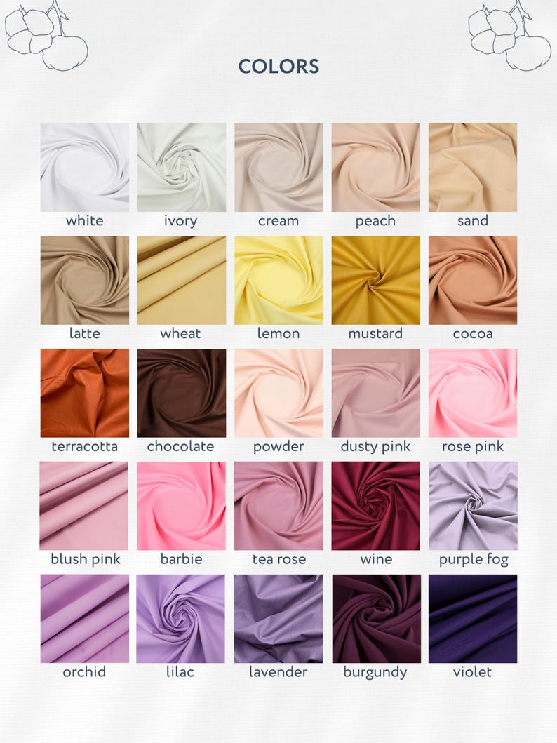 May include: A color chart showing 20 different fabric swatches in various shades of white, cream, yellow, orange, brown, pink, purple, and red. The swatches are arranged in five rows of four swatches each. The word "COLORS" is printed at the top of the chart.
