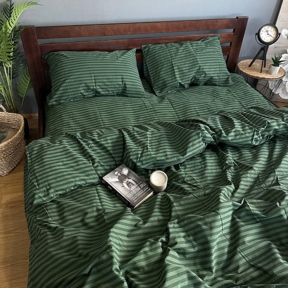 Green Striped Bedding Set – Duvet Cover and Pillowcases – Striped Duvet Cover Set with Flat or Fitted Sheet – Custom Sizes Available