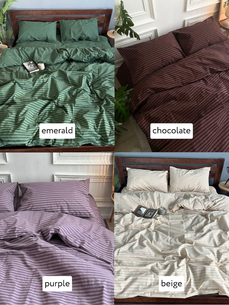 May include: Four bedding sets in emerald, chocolate, purple, and beige. Each set includes striped pillowcases and a comforter. The emerald and beige sets have books on the bed. The sets are displayed on wooden bed frames.