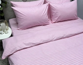 Pink Striped Bedding Set – Duvet Cover & Pillowcases – Flat or Fitted Sheet – 100% Cotton – 4 Piece Set