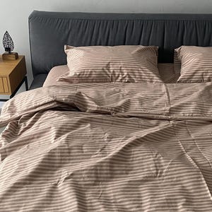 Mocco Brown Striped Cotton Bedding – Duvet Cover, Pillowcases, Fitted or Flat Sheet – Custom Made – Twin to King Sizes