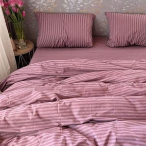 Striped Cotton Bedding – Powder Pink Bedding Set – Duvet Cover, Pillowcases, Flat or Fitted Sheet – Made to Order