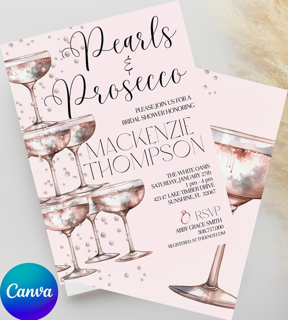 Pearl and Prosecco Theme Bridal Shower Invitation, Bridal Brunch