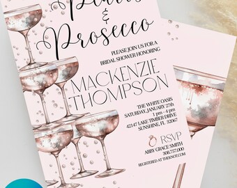 Puede incluir: Dos invitaciones rosas para despedida de soltera con el texto "Pearls & Prosecco" y detalles para la despedida de soltera de Mackenzie Thompson. El diseño presenta copas de champán y detalles de perlas. El logotipo de Canva está en la esquina inferior izquierda.