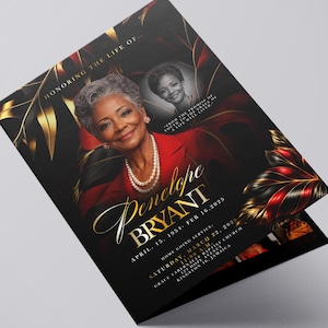 May include: A memorial card with a portrait of a woman, featuring gold script and floral accents. The card reads "Honoring the Life of Penelope Bryant, April 15, 1954 - Feb 16, 2025." The design includes a secondary portrait.