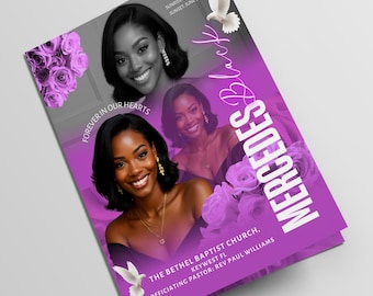 17x11 Purple Flower Funeral Program Template (8 Pages) | Bifold Funeral Program Template| Obituary| Purple Funeral Program for women