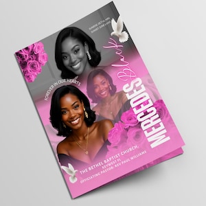 Modèle de programme d&#39;enterrement de la fleur rose 17 x 11 (8 pages) | Modèle de programme de funérailles à deux volets| Nécrologie| Programme d&#39;enterrement rose pour femme