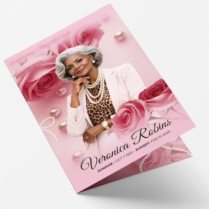 Pink Funeral Program Template (8 Pages 8.5X11)  Bifold Pink Coquette Funeral Program Obituary Blush Pink Obituary for women Rose and Pearl