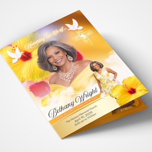 Könnte beinhalten: Ein Gedenkprogramm mit einem Porträt einer Frau, gelben Hibiskusblüten und Tauben. Der Text lautet "Zum Gedenken an das Leben von... Bethany Wright" mit dem Datum 15. April 2026 und der Uhrzeit 8:00 bis 11:00 Uhr.