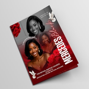 Puede incluir: Un programa conmemorativo con un diseño rojo y negro. La portada presenta el nombre "Mercedes" en blanco, con imágenes de tres mujeres sonrientes y rosas rojas. También es visible el texto "Forever in our hearts".