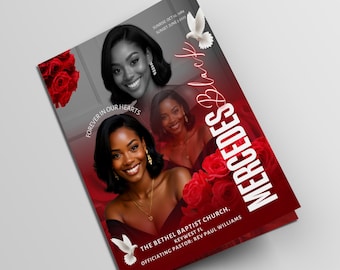 17x11 Red Flower Funeral Program Template (8 Pages) | Bifold Funeral Program Template| Obituary| Red Funeral Program for women