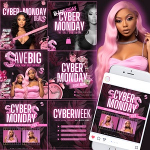 Puede incluir: Un collage de seis imágenes que promocionan las ventas del Cyber Monday. Las imágenes presentan una combinación de colores rosa y negro con signos de dólar, un reloj y una bolsa de compras. El texto en las imágenes incluye "Cyber Monday", "Black Friday", "Save Big", "Cyber Week" y "Envío gratuito".