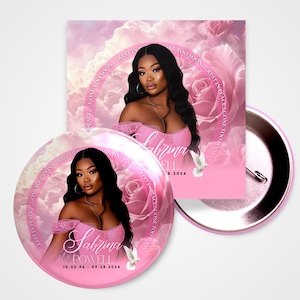 May include: Pink and white memorial button with a photo of a woman and the text "Salina Powell 10.02.96 - 09.28.2024" and "Rest in Peace Gone Too Soon".