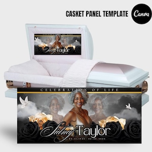 Modello di inserto per pannello di bara commemorativo nero e oro – 31 x 14 / Banner funebre fai da te Canva/ Inserto pannello bara/ Pannello bara funebre
