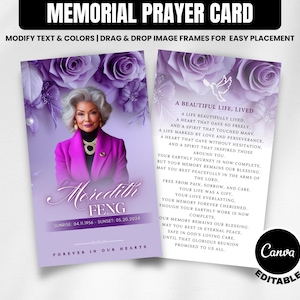 Peut inclure: Carte de prière commémorative avec une photo d'une femme en veste rose, ornée de motifs floraux violets. Le texte "A Beautiful Life, Lived" et le nom "Meredith Feng" avec des dates sont inclus.
