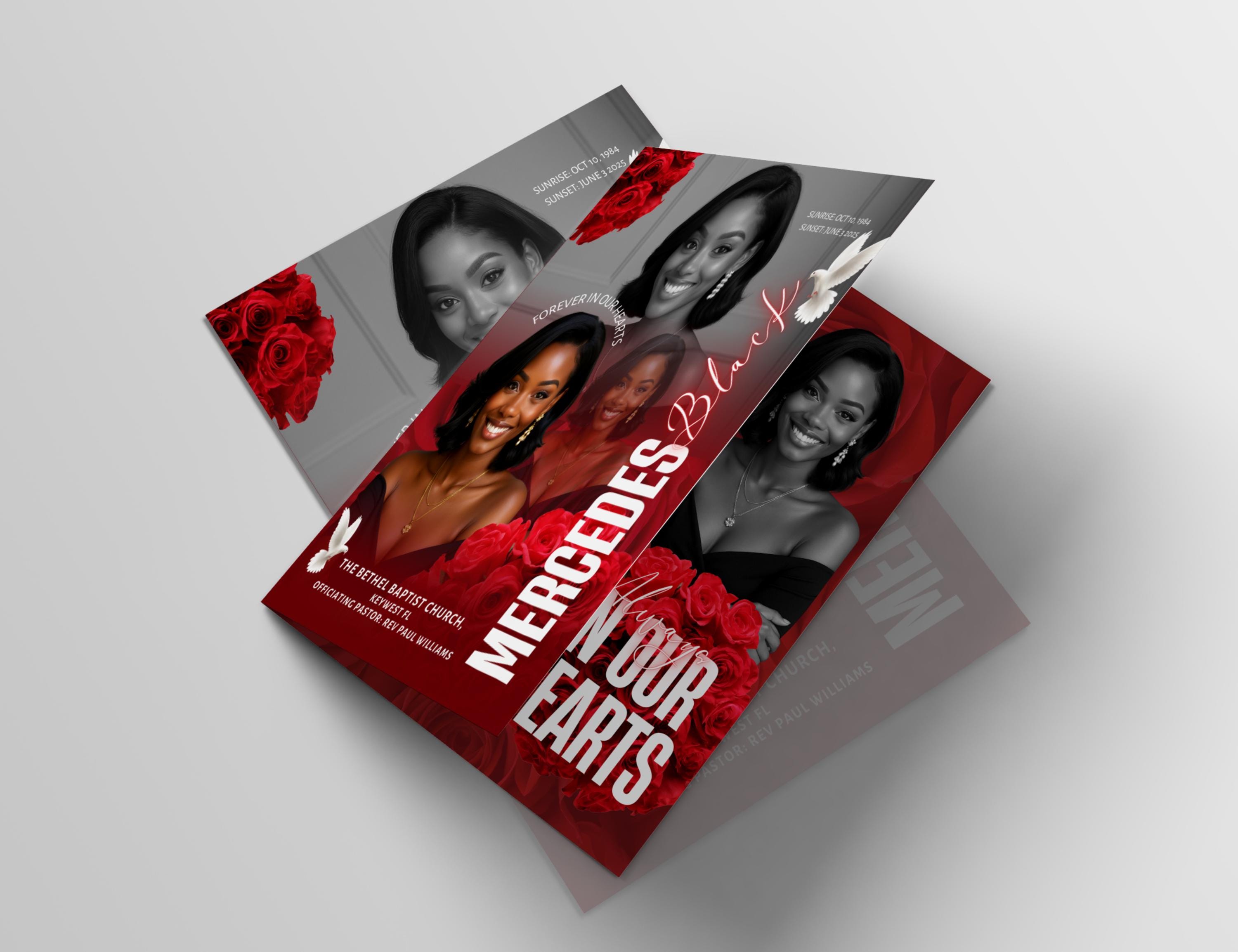 Program Flower Design 17x11 Red Flower Funeral Program Template (8 Pages) | Bifold Funeral ...