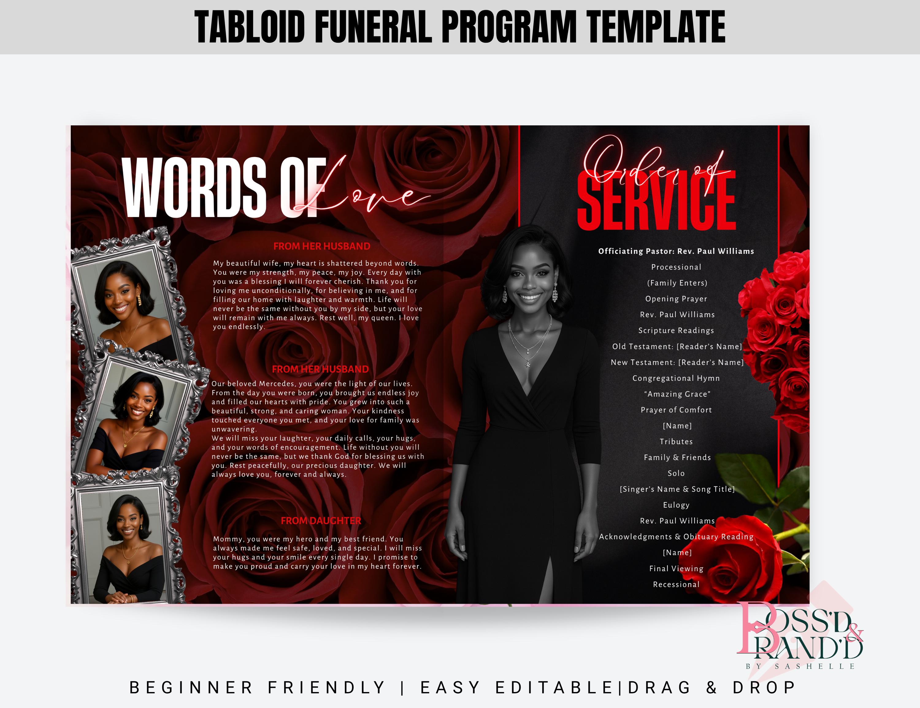 Program Flower Design 17x11 Red Flower Funeral Program Template (8 Pages) | Bifold Funeral ...