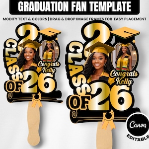 Graduation Fan Template Black & Gold 2026 Grad Fan Canva Graduation Paddle Fan Graduation fan printable Class of 2026 Grad Fan Set of 2 image 2