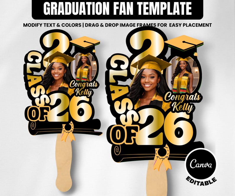 Graduation Fan Template Black & Gold 2026 Grad Fan Canva Graduation Paddle Fan Graduation fan printable Class of 2026 Grad Fan Set of 2 image 2