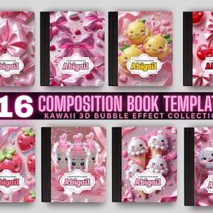 16 Editable Composition Notebook Cover Template| Notebook Covers for Back to School| Kawaii Composition Book Covers Canva | Cute Notebook